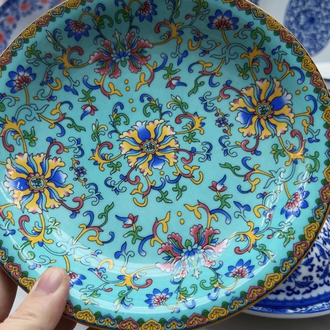 白瓷珐琅彩果盘缠枝福绿色2个