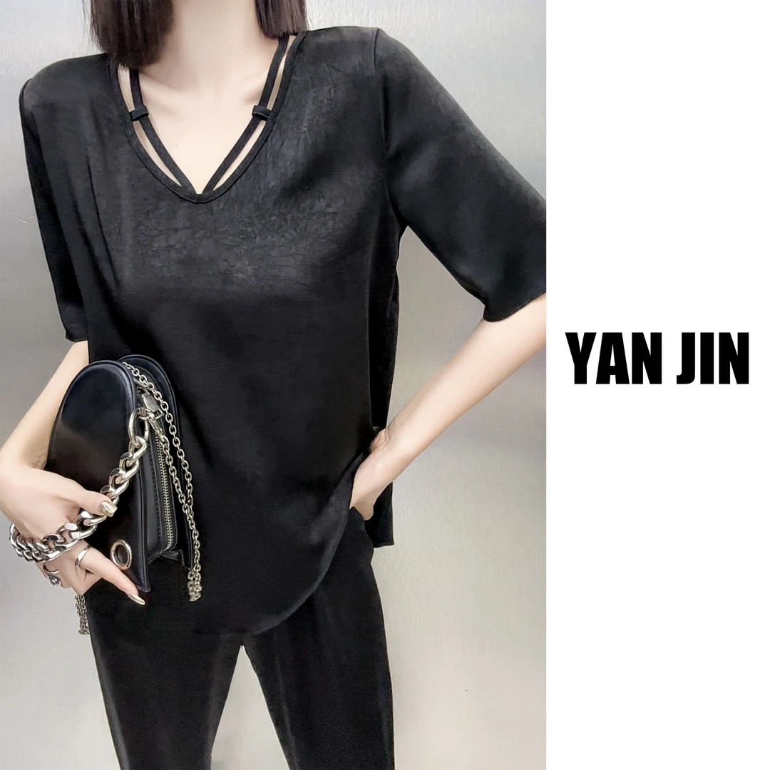 【半袖设计领口套装】-醋酸缎显瘦休闲套装 拍上衣送裤子 - 套装