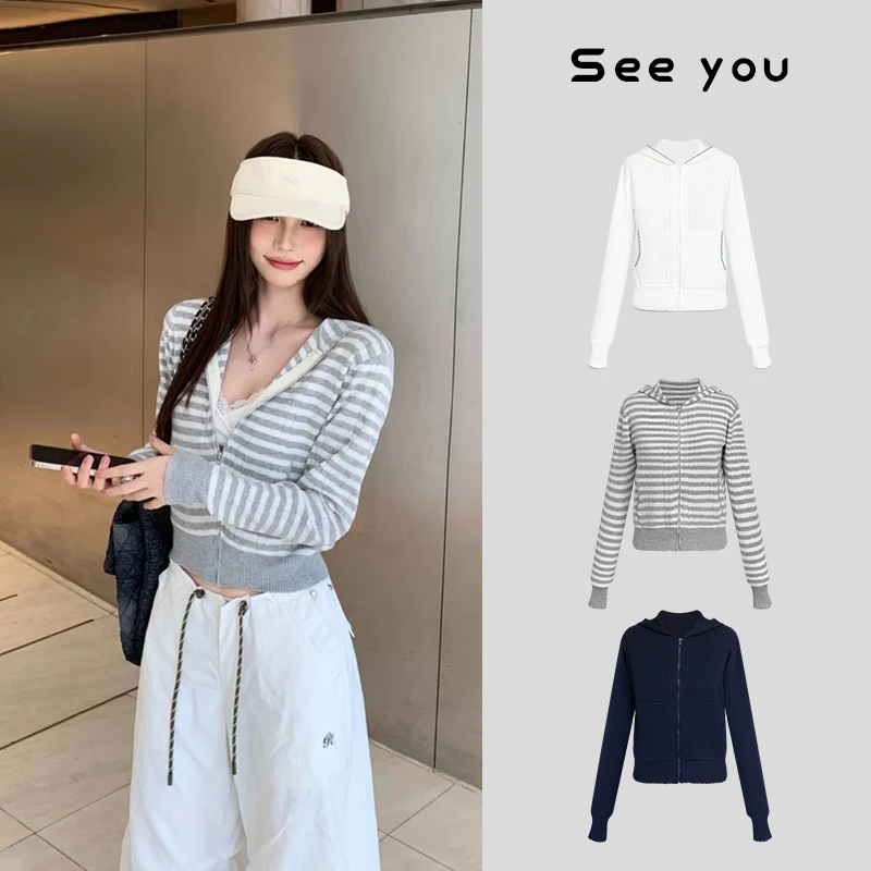 新款韩系气质轻薄针织连帽拉链外套B1236
