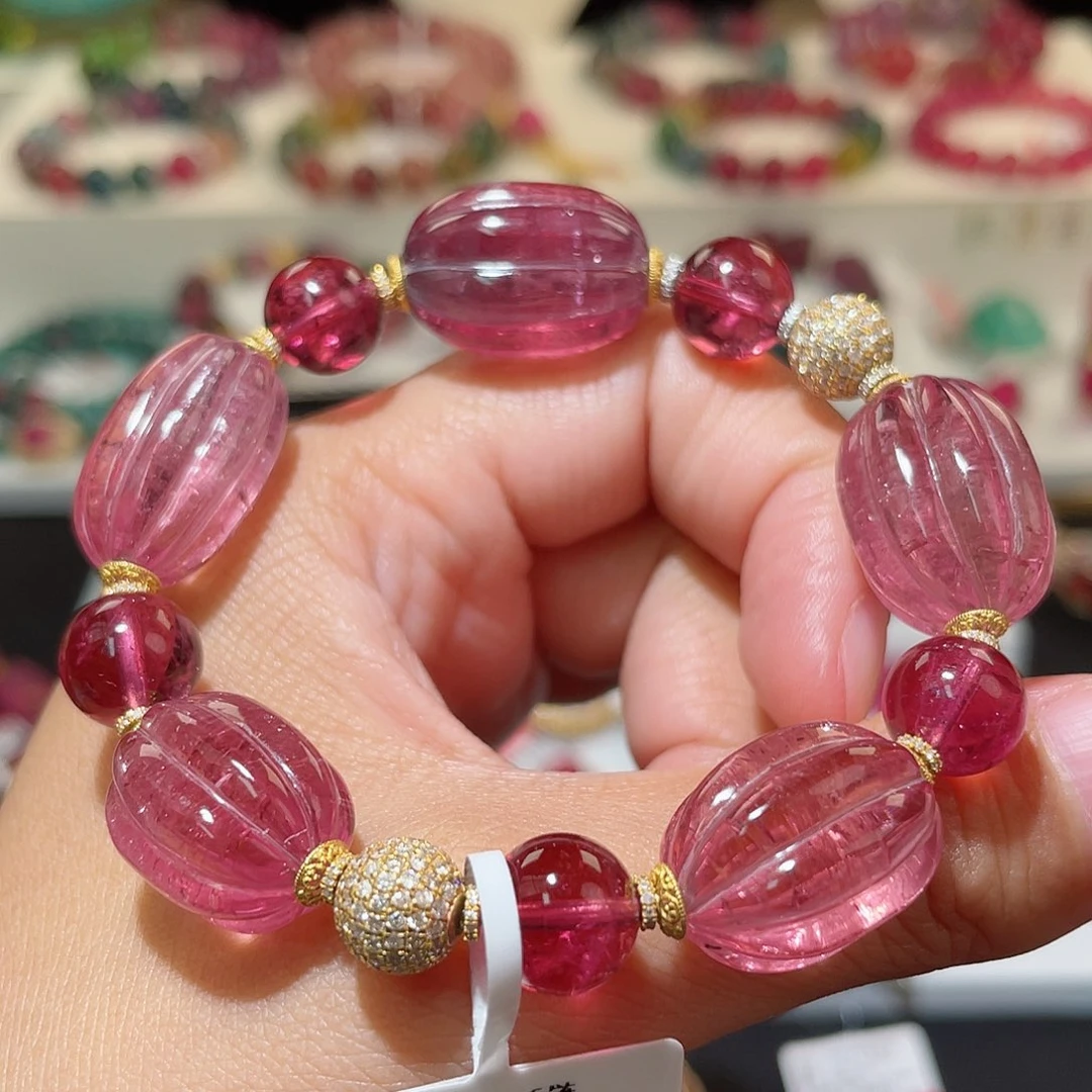 碧玺手链18K金镶嵌 南瓜珠 玻璃体