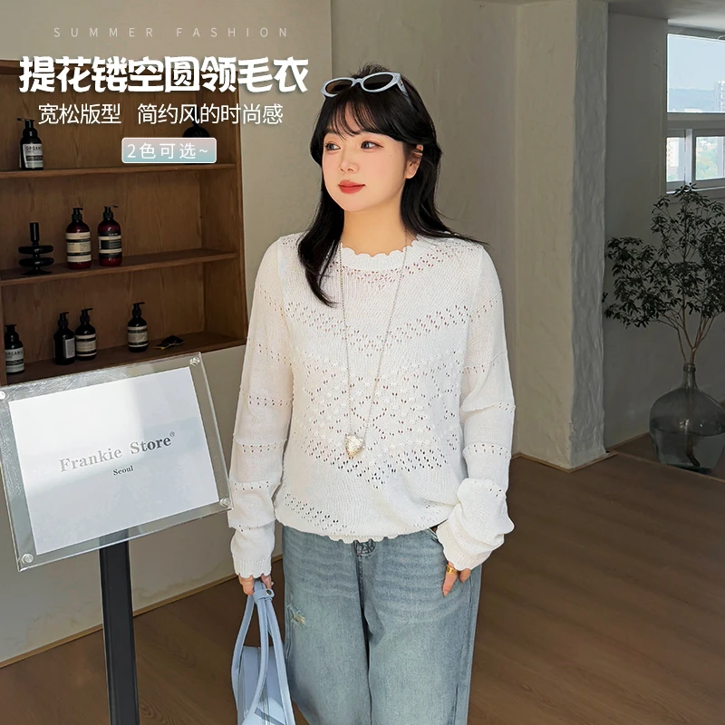 【霏霏推荐】春季新款气质时尚百搭提花镂空圆领毛衣-F365