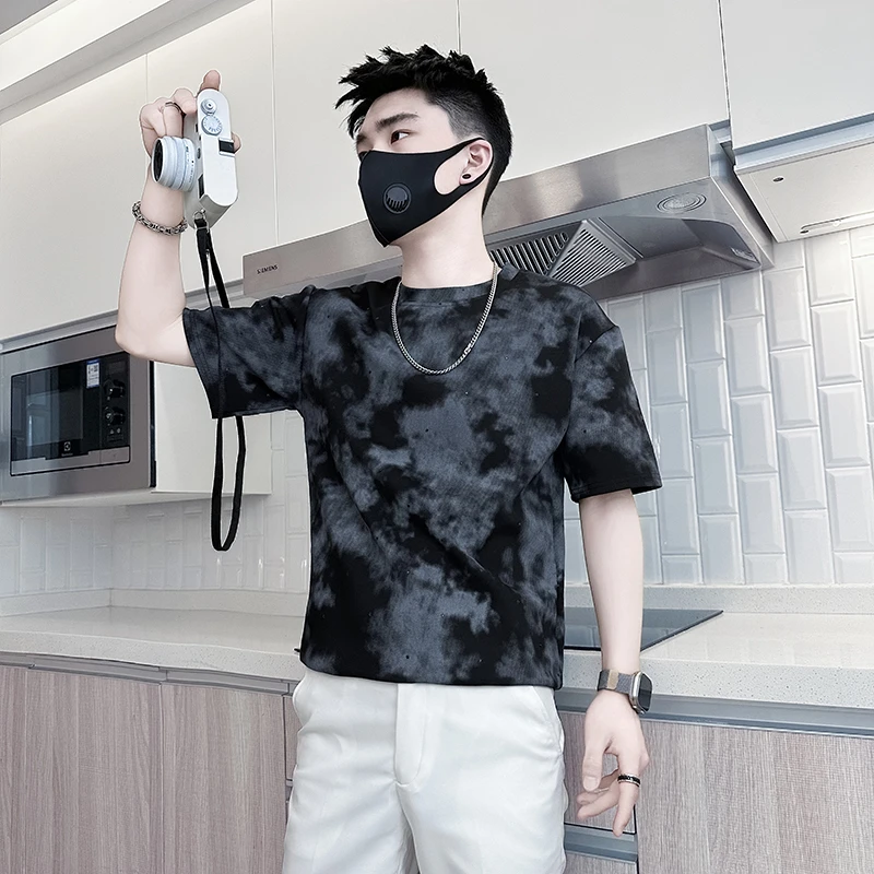 潮牌痞帅扎染t恤男短袖夏季2025新款网红洋气炸街高级男装上衣服