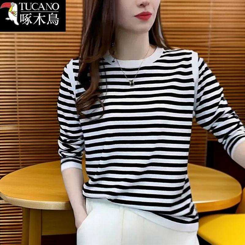 啄木鸟新款长袖黑白条纹T恤女2025春秋薄款宽松圆领小众通勤上衣
