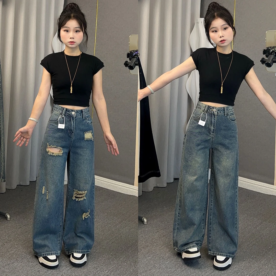 小个子早秋复古显瘦破洞阔腿牛仔裤拖地裤宽松慵懒显瘦出游服装女