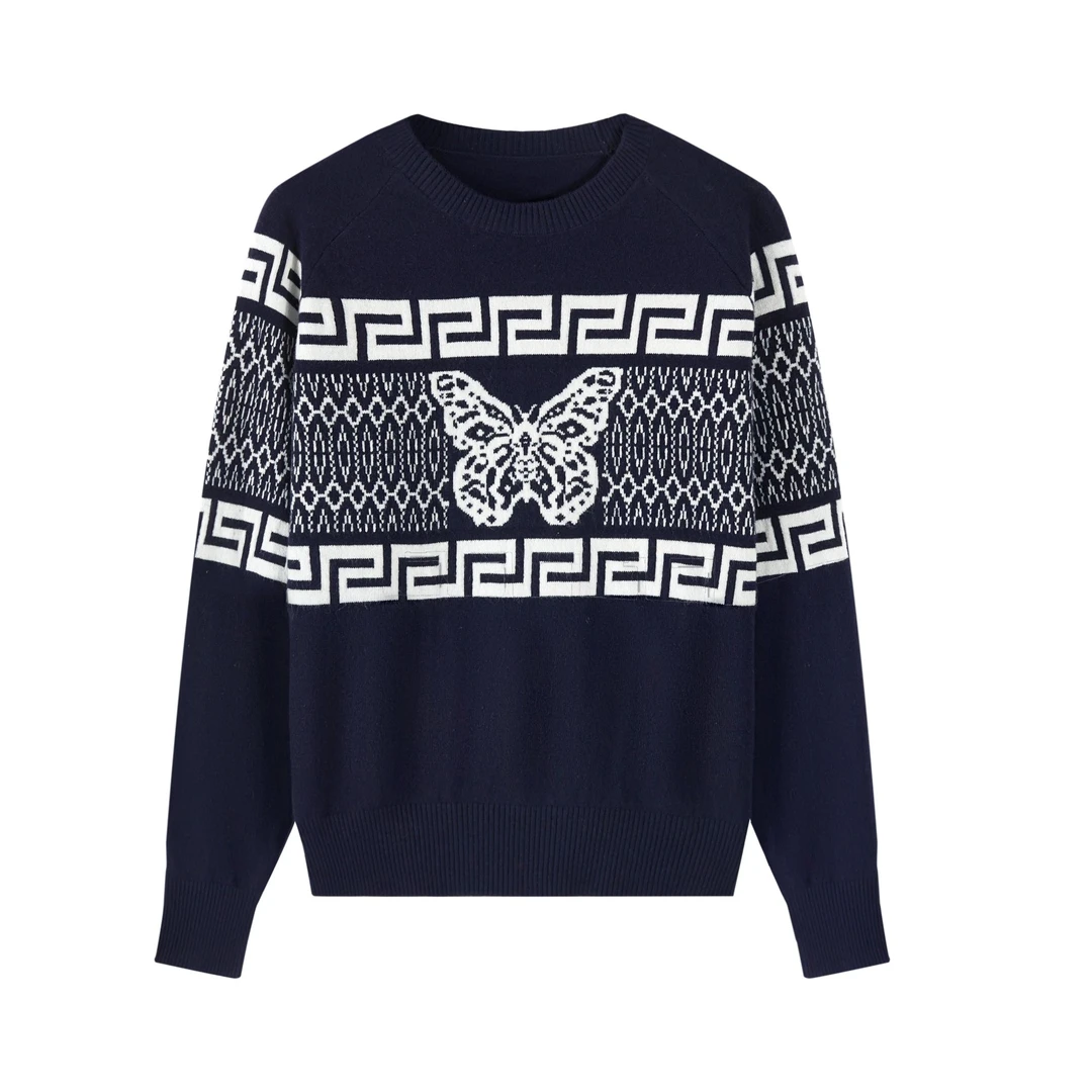 【清】川禾织衣 秋蝴蝶撞色提花圆领羊毛针织衫时尚百搭长袖毛衣