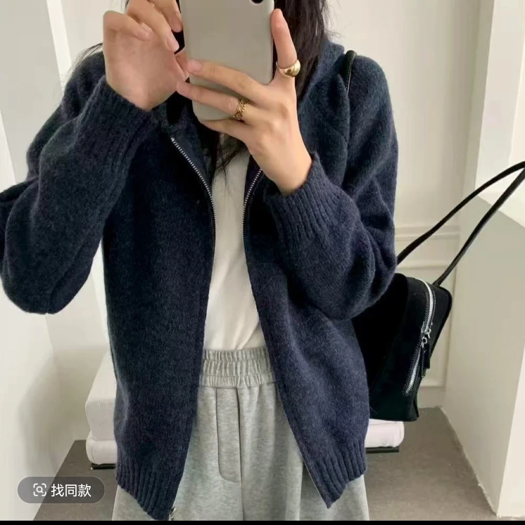 短款秋冬毛针织衫针织连帽休闲通勤带帽帽衫不褪色