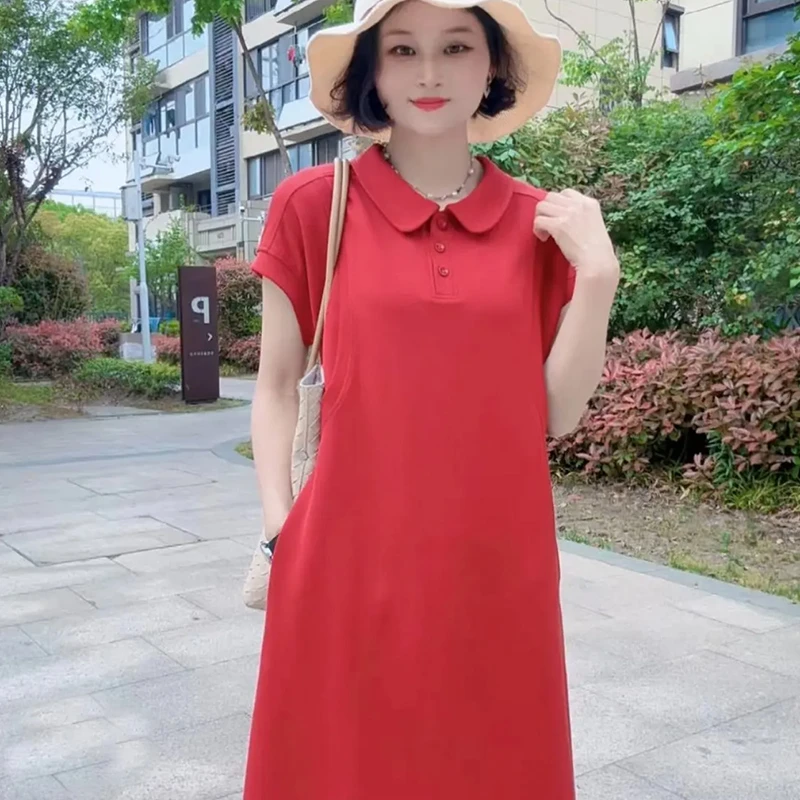 Polo领中长款短袖连衣裙女2025夏季新款休闲时尚洋气百搭宽松裙子