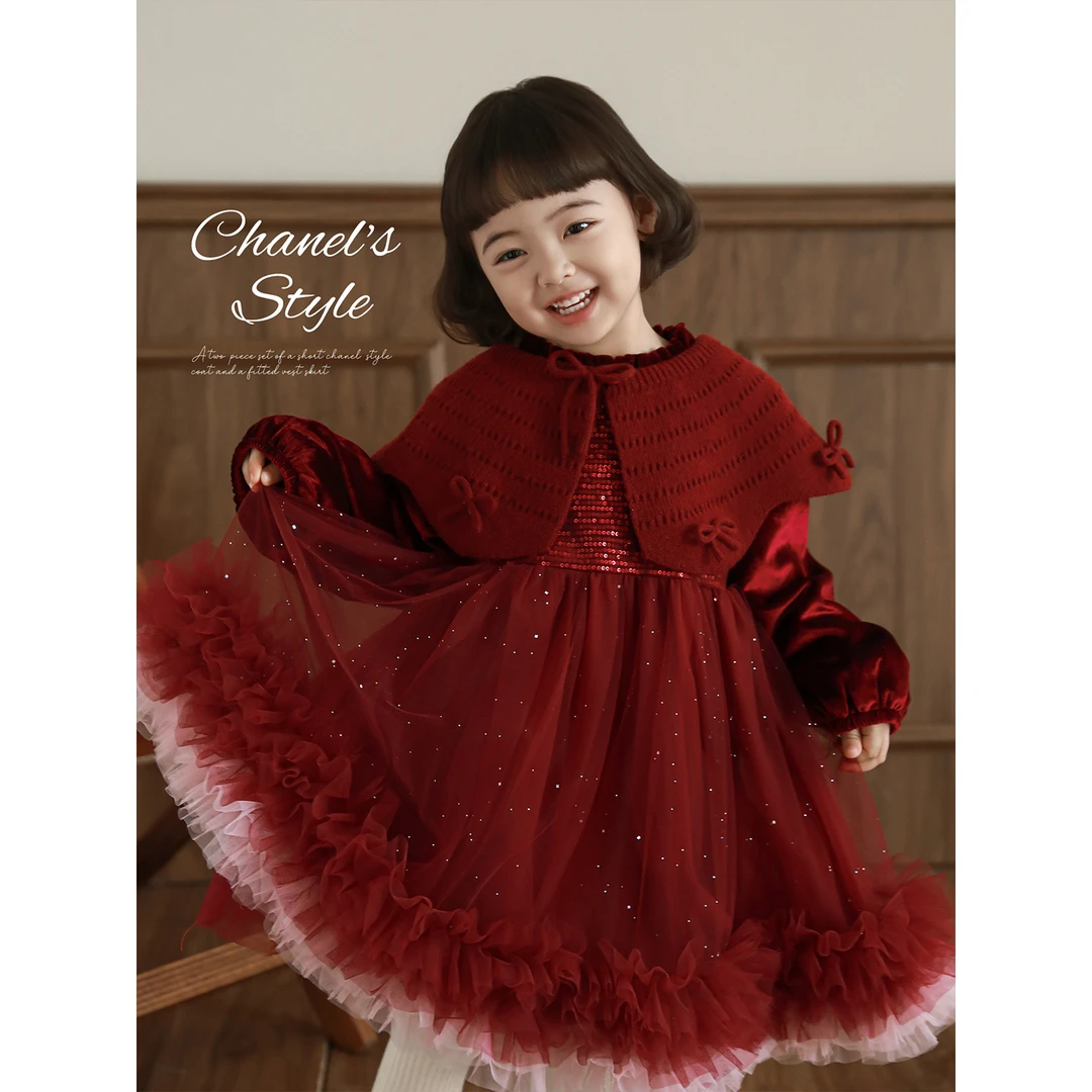 YOEHYAUL/幼悠【星空洒落】冬肆波红色洋气秋冬女童童装背心裙D4799