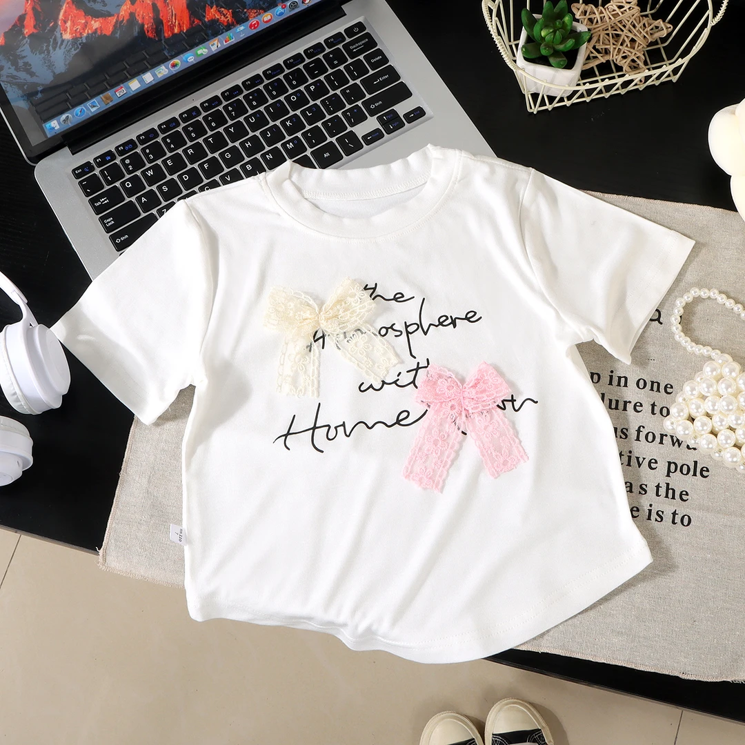 新款夏季女童韩版钉珠莫代尔棉蕾丝蝴蝶结短袖T恤儿童洋气时尚