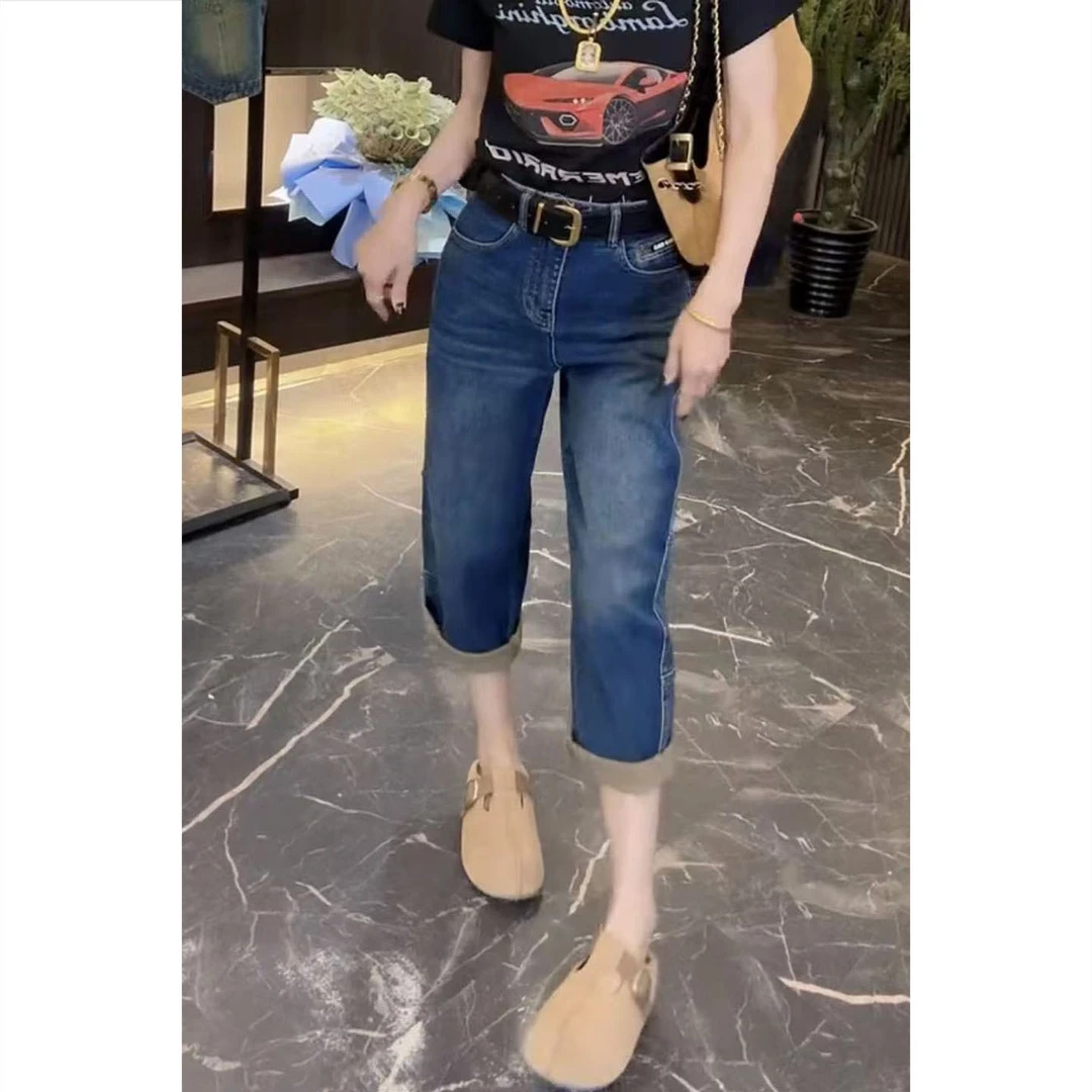 艾塔莉早秋新款卷边束脚牛仔裤休闲风小众百搭大码直筒裤韩版女裤