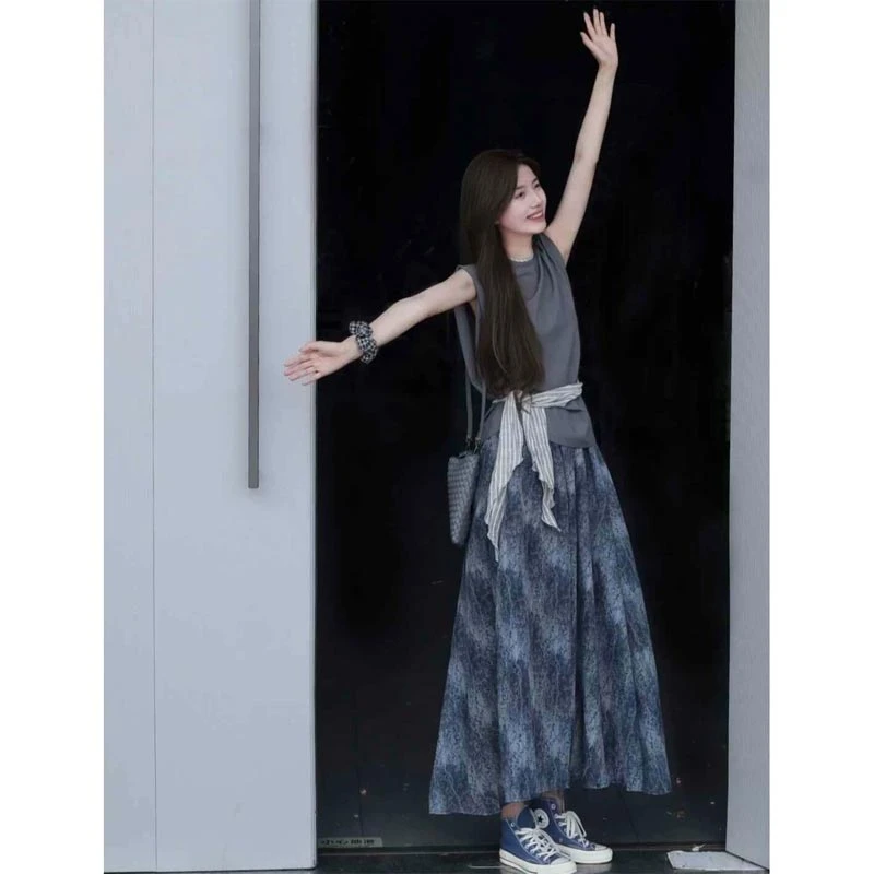 2025夏新款韩式系带收腰无袖坎肩上衣撞色个性半身裙时尚两件套女