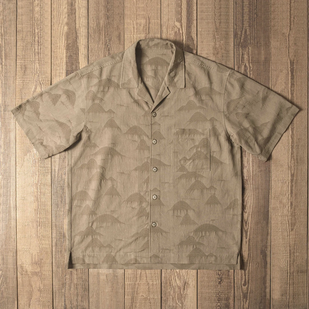 Double Seam中国风山水画刺绣短袖衬衫 古巴领衬衣宽松复古夏威夷