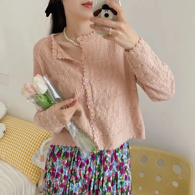 早秋慵懒风短款花边宽松针织开衫时尚洋气镂空长袖百搭甜美外套