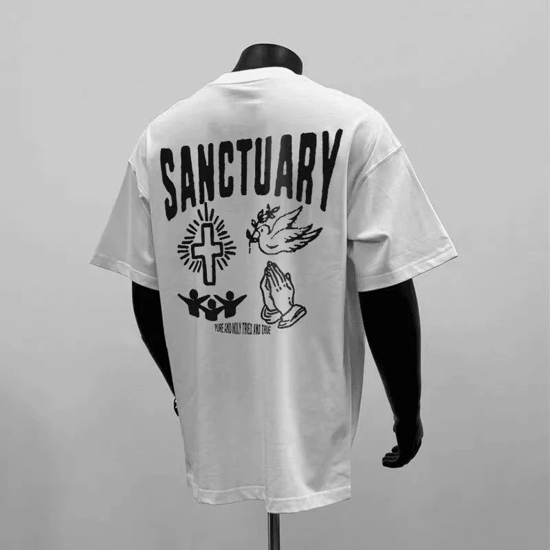 2024新款和平鸽印花纯棉短袖T恤男士美式休闲宽松小众设计感半袖