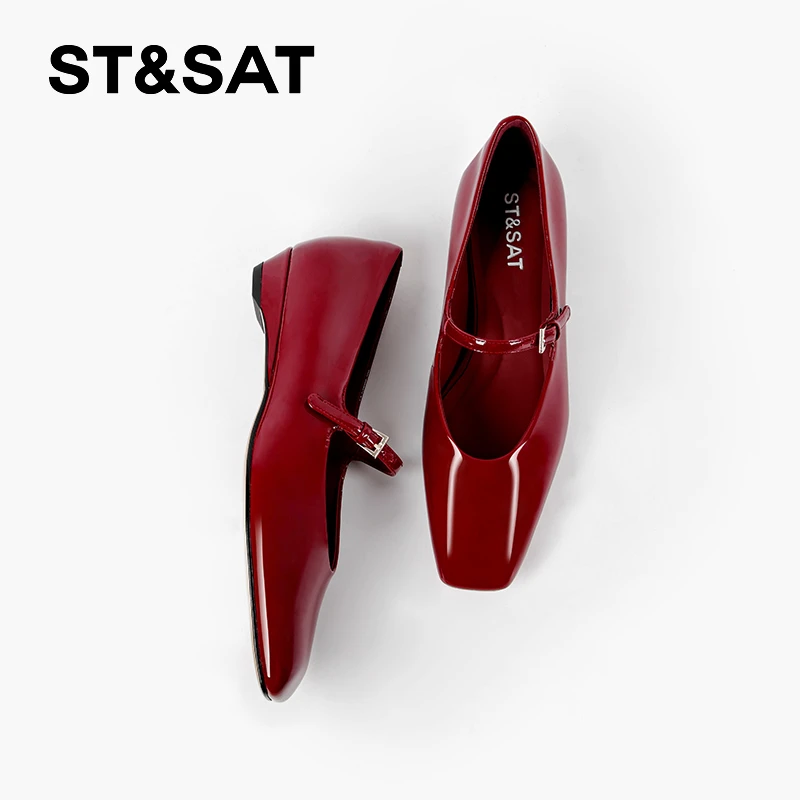 St&Sat/星期六粗跟玛丽珍鞋浅口气质鞋平底黑色单鞋春季漆皮女鞋