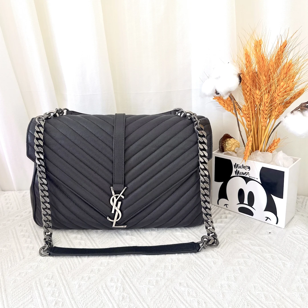 99新 YSL/圣罗兰 college黑银邮差包斜挎包手提斜 尺寸：30cm*20cm