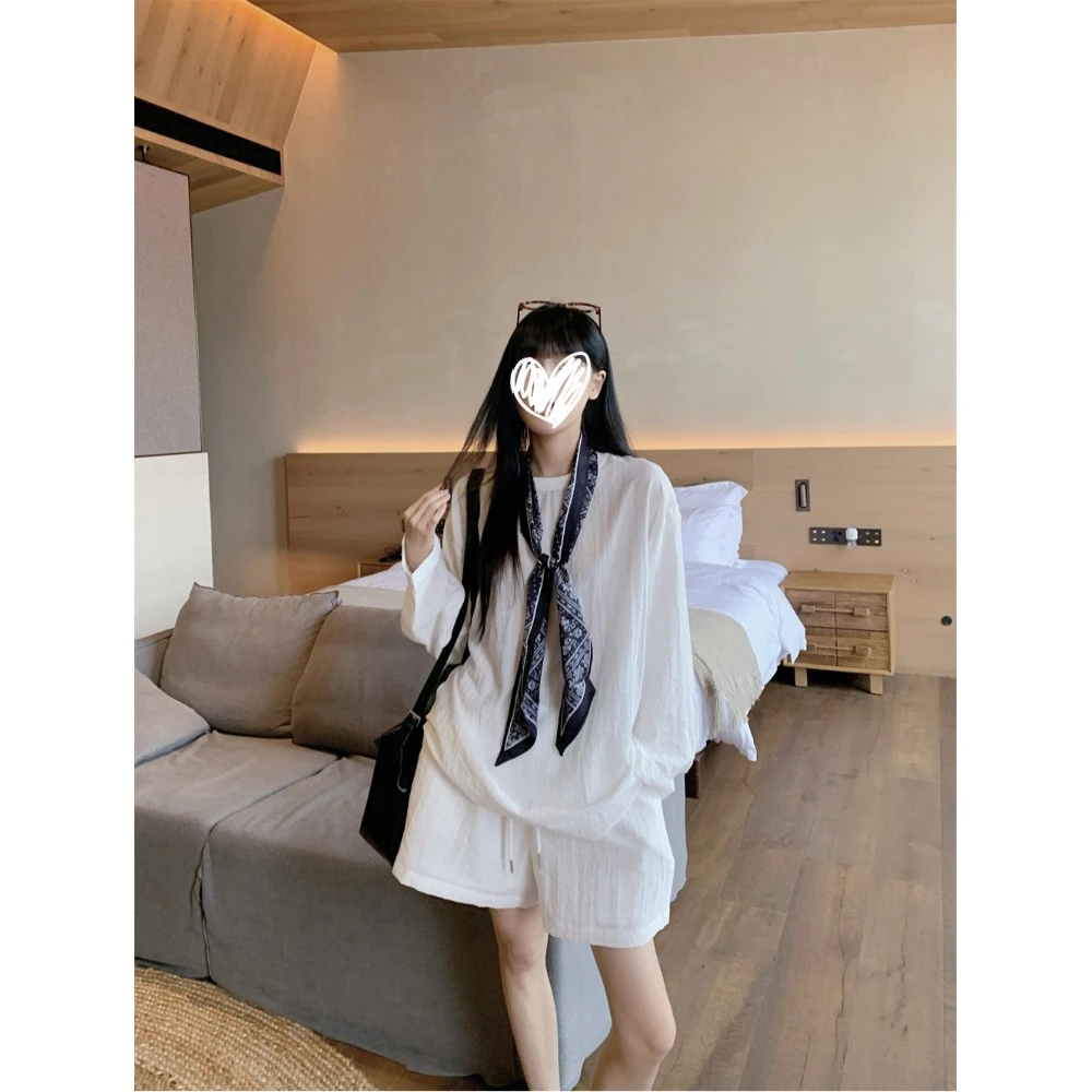 丝巾防晒长袖天丝亚麻衬衫女装夏季抽绳休闲短裤松弛感两件套