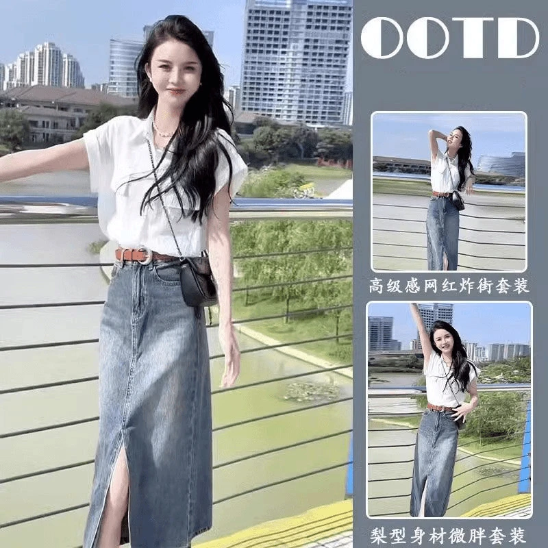 单件/港风穿搭衬衫女夏款时尚短袖上衣polo衫宽松牛仔裙半身裙套