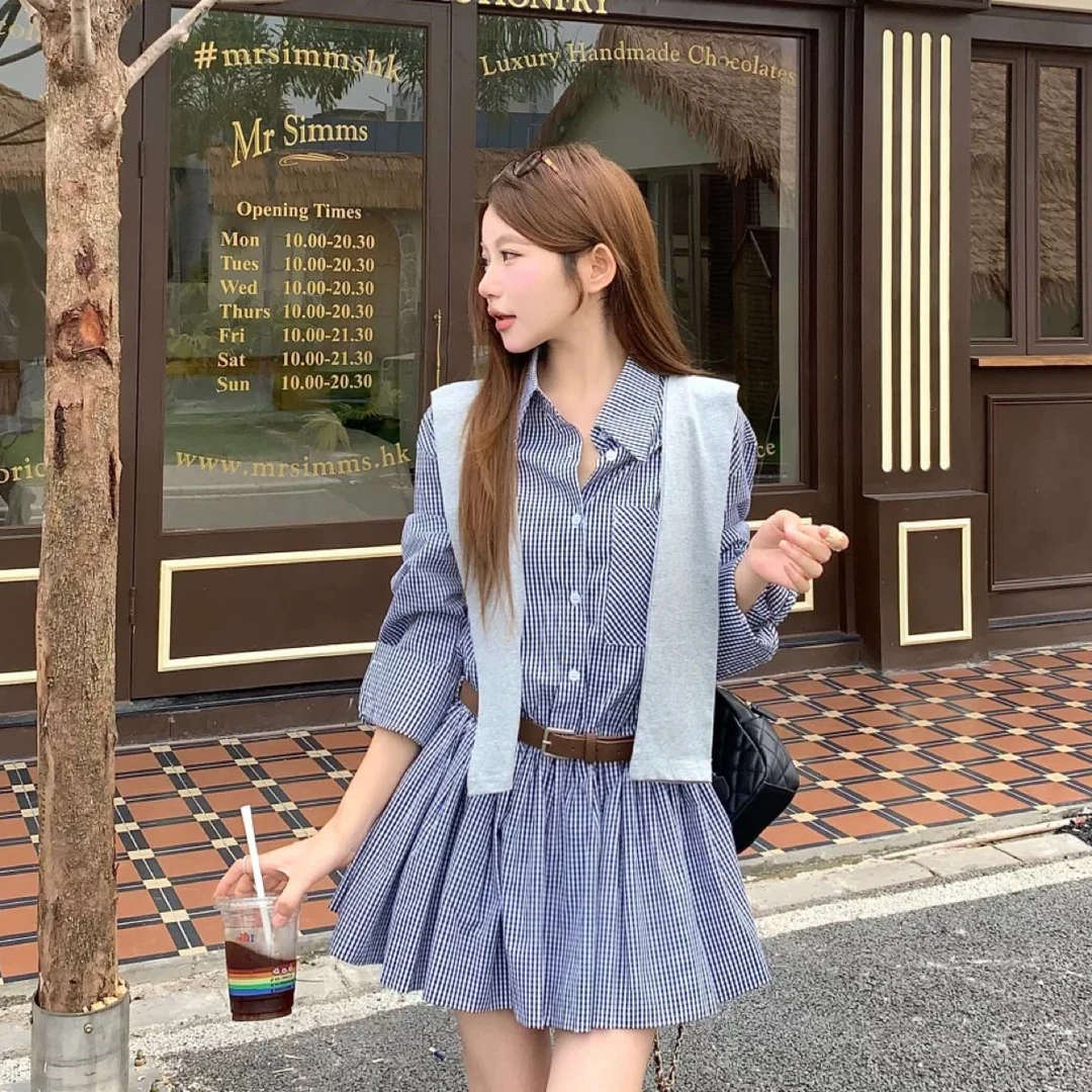 巧克少女格子POLO领长袖衬衫连衣裙女早秋新款气质百搭披肩两件套