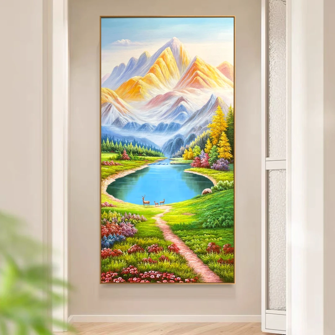 轻奢金山聚宝盆山水风景玄关装饰画竖版壁画