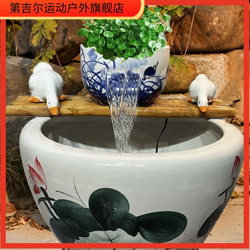 流水瀑布摆件陶瓷罐循环水鱼缸造景过滤增氧流水古法生态鱼缸景观