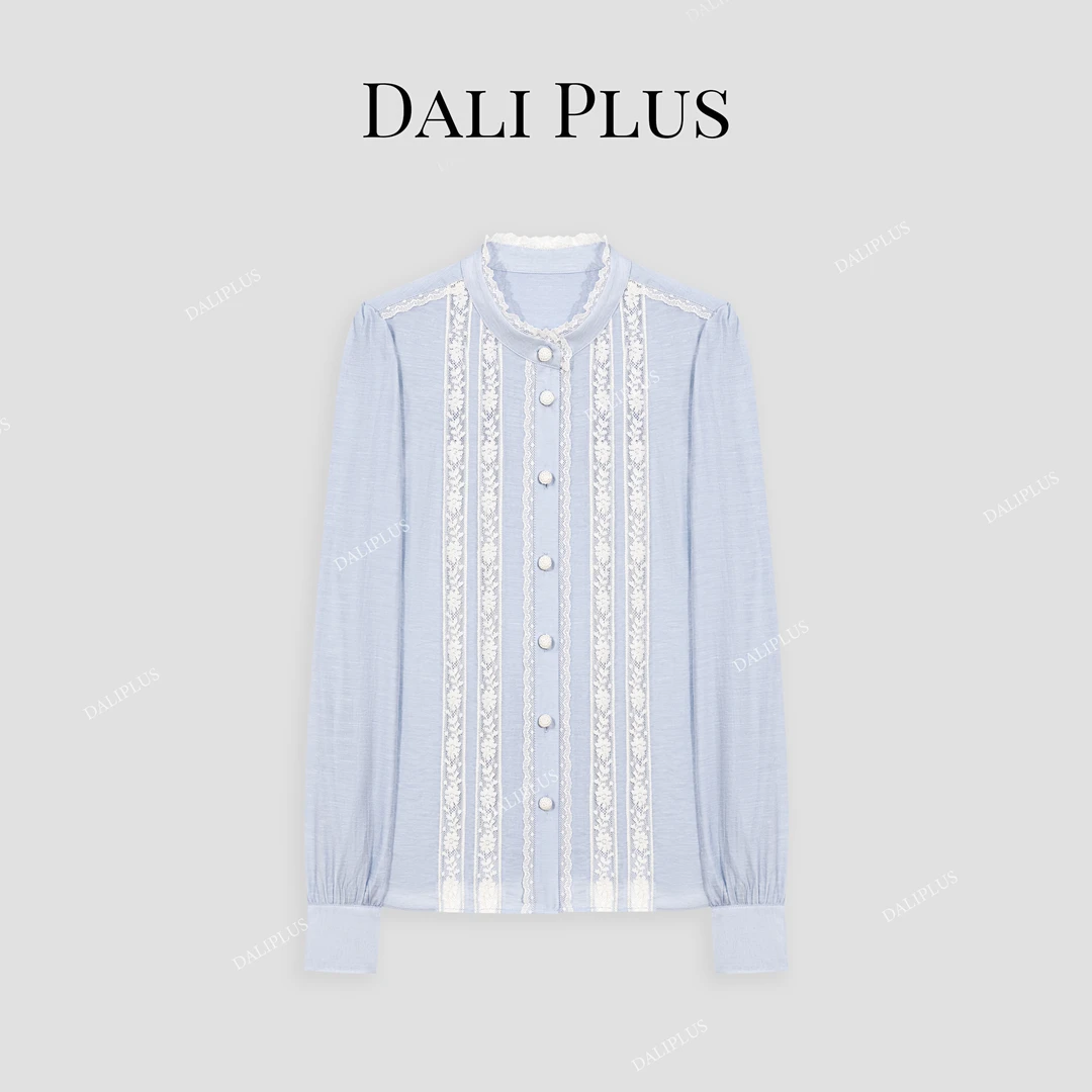 DALI PLUS别致蕾丝花边醋酸天丝拼接设计蓝色衬衫-D5ST1002