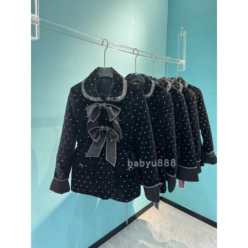 （不退no换 7折）万钻黑色丝绒烫钻钉珠羽绒服蝴蝶结加厚中长款大衣