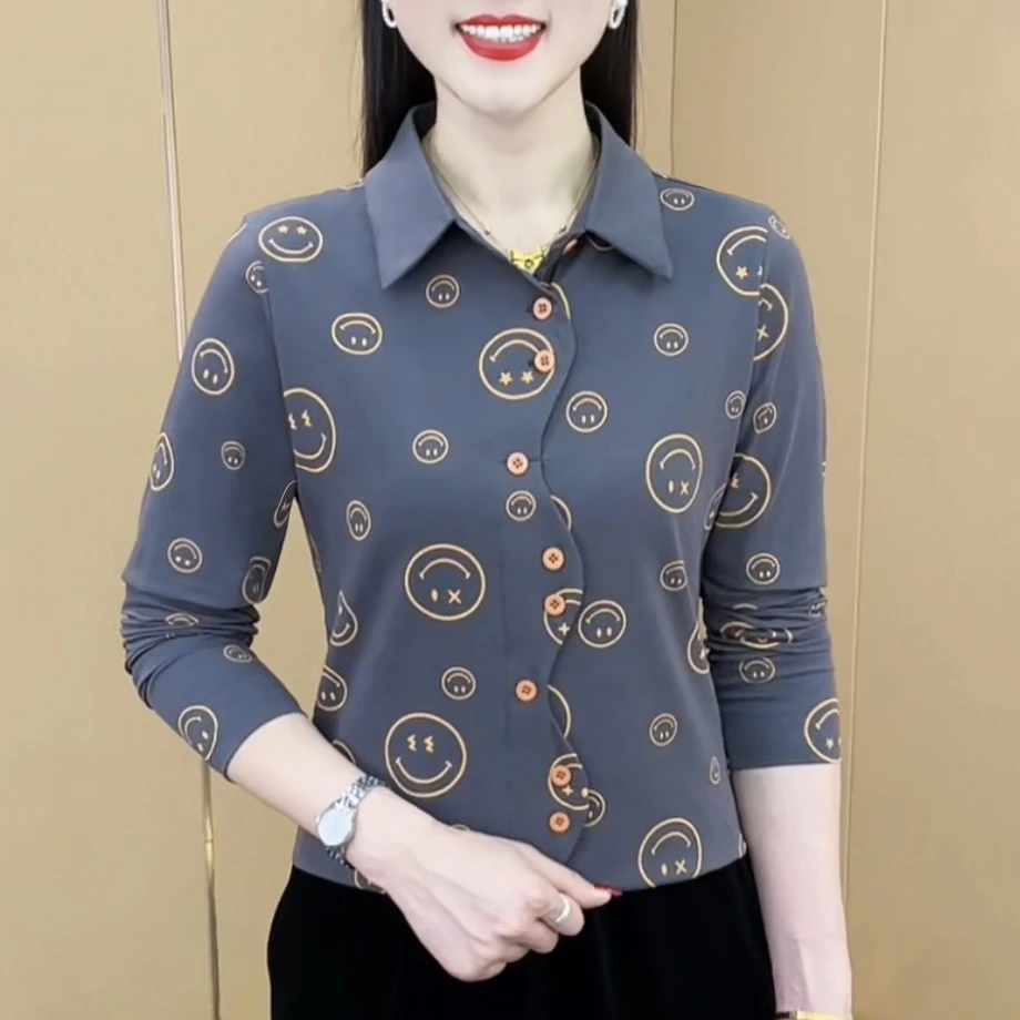 春季气质显瘦百搭新款时尚洋气翻领印花设计感女士长袖上衣M6303