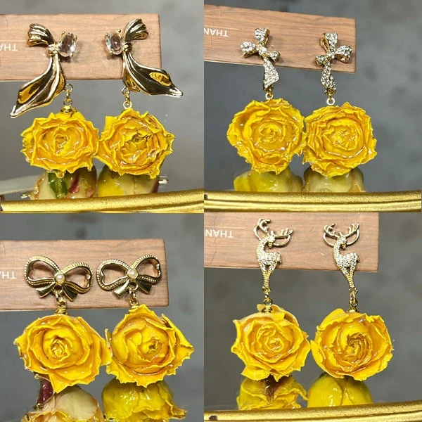 铜合金耳饰 永生玫瑰滴胶真花耳环小众耳钉手工耳饰网红时尚饰品