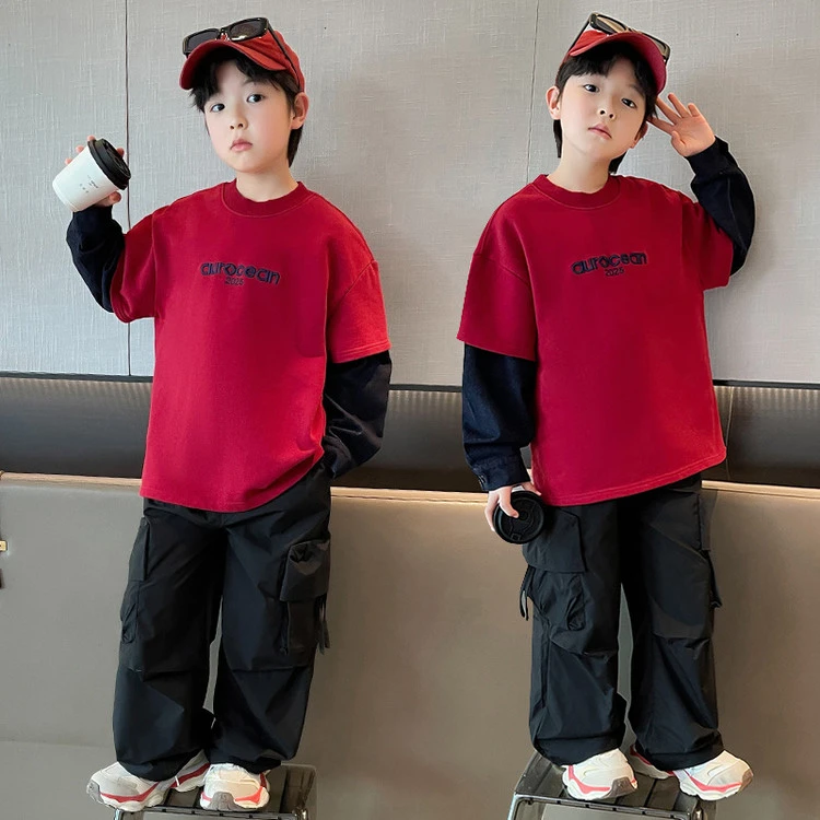 2025春秋季新款男童中大童韩版拼接牛仔袖套装韩版春秋男童中大童