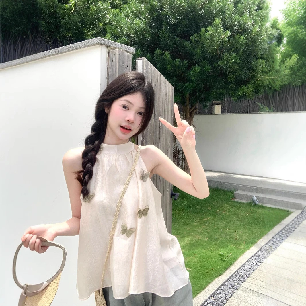 法式小众立体蝴蝶挂脖吊带背心女夏季2024新款褶皱宽松露肩上衣潮