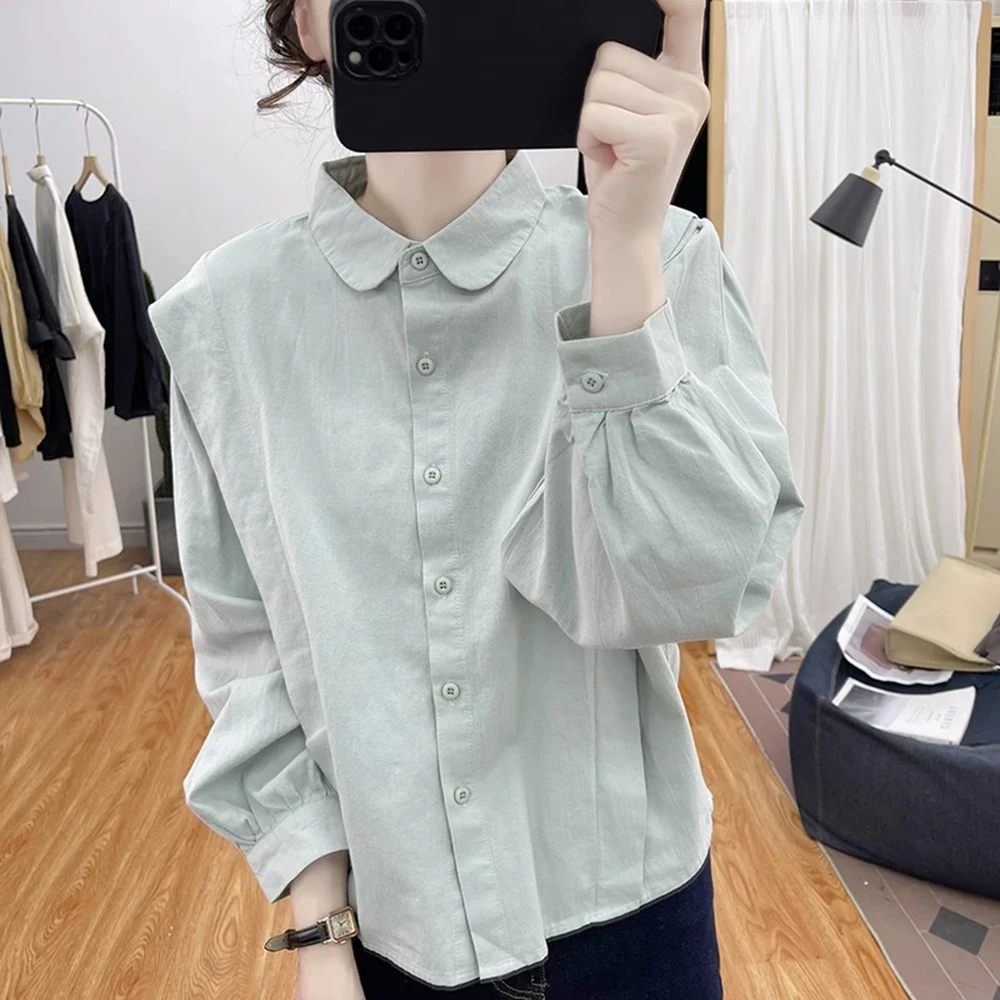 纯棉Polo领长袖衬衫女早秋新款宽松减龄小众设计感休闲百搭上衣潮