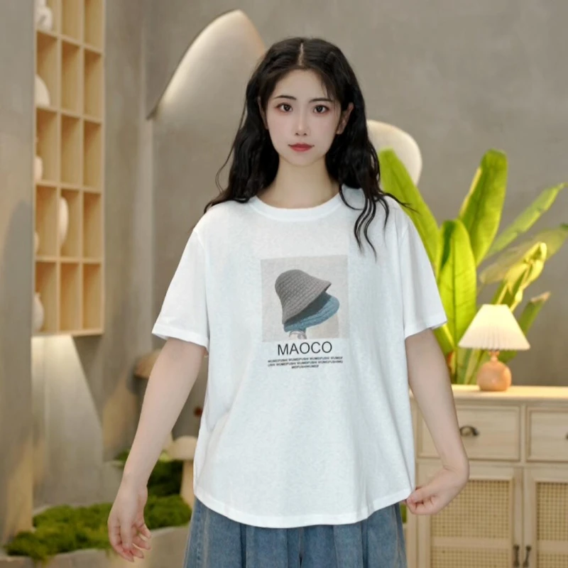 6728 夏季新款数码帽子印花短袖休闲时尚百搭宽松T恤