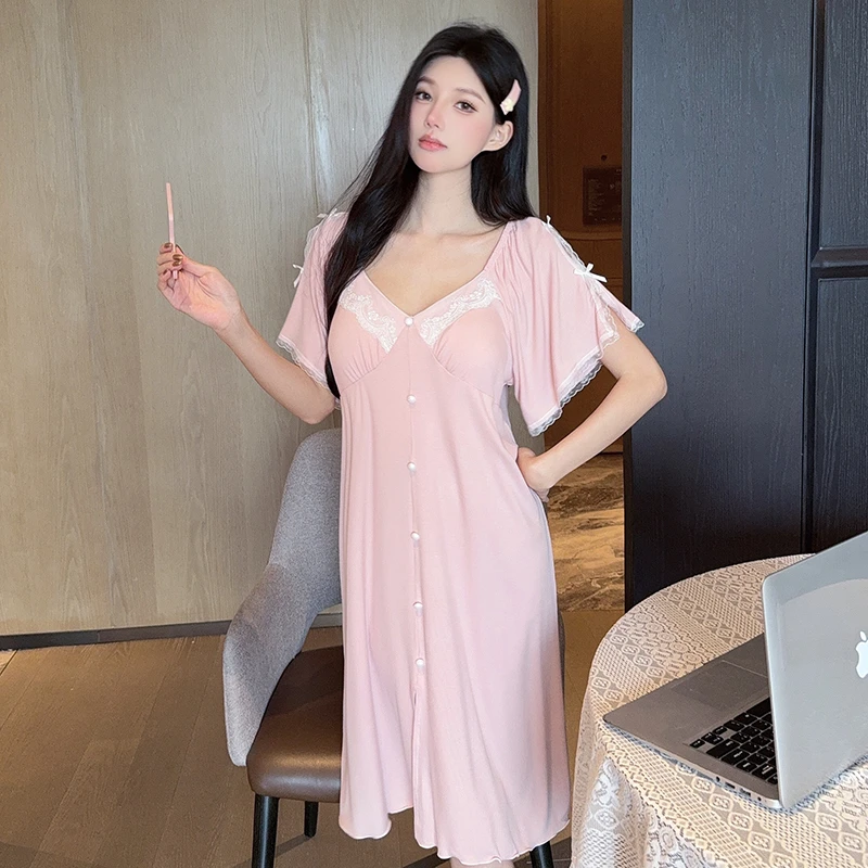 庆同夏季薄款带胸垫短袖睡裙女士中长款睡衣可外穿家居服