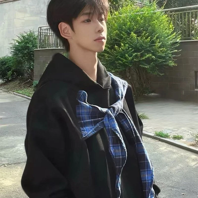 WASSUP dream设计连帽卫衣男美式格纹蝴蝶结拼接绑春秋新款带上衣