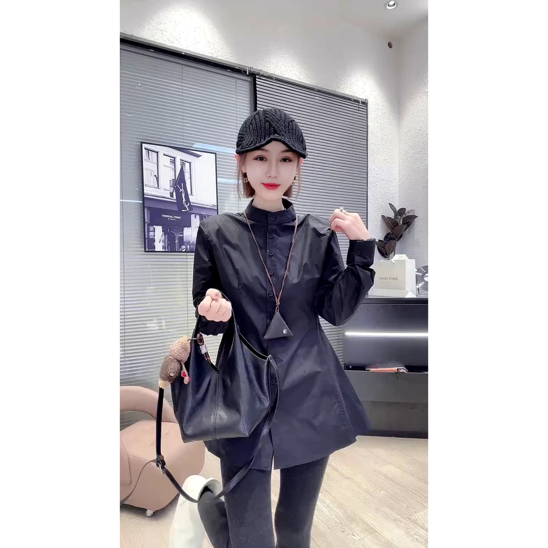 欧货新款简约百搭收腰显瘦垫肩立领长袖衬衫