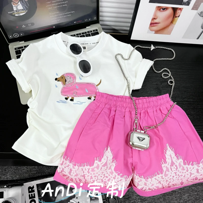 〖ANDI〗安迪中大童女童夏季新款卡通刺绣短袖短裤套装4628
