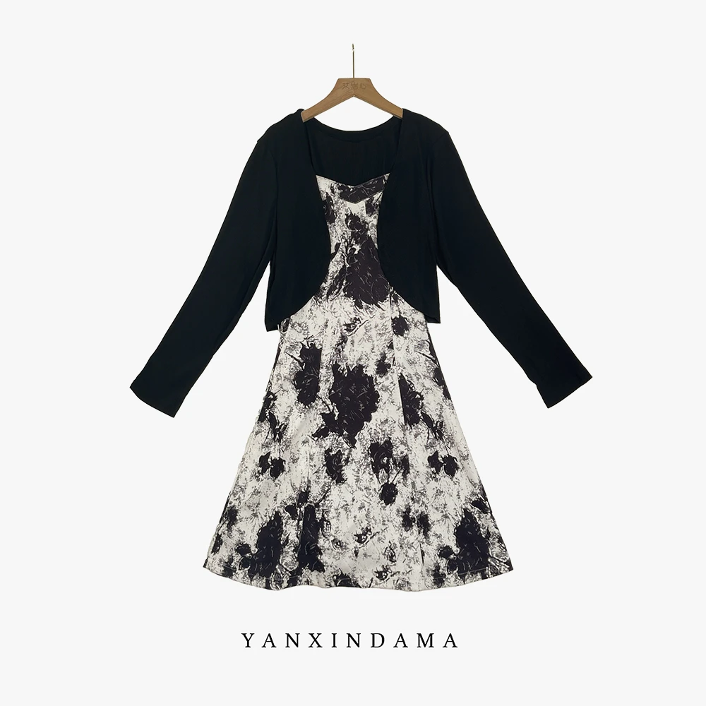 大码女装235斤胖MM时尚设计感收腰复古气质性感连衣裙套装8138