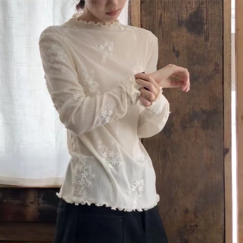 氛围感绝美蕾丝刺绣打底衫女2025秋冬新款气质修身显瘦上衣ins