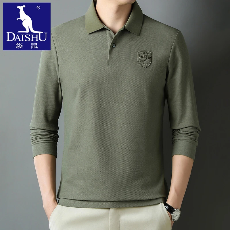 Dai Shu/袋鼠春秋季翻领长袖t恤男polo衫纯色体恤商务休闲打底衫