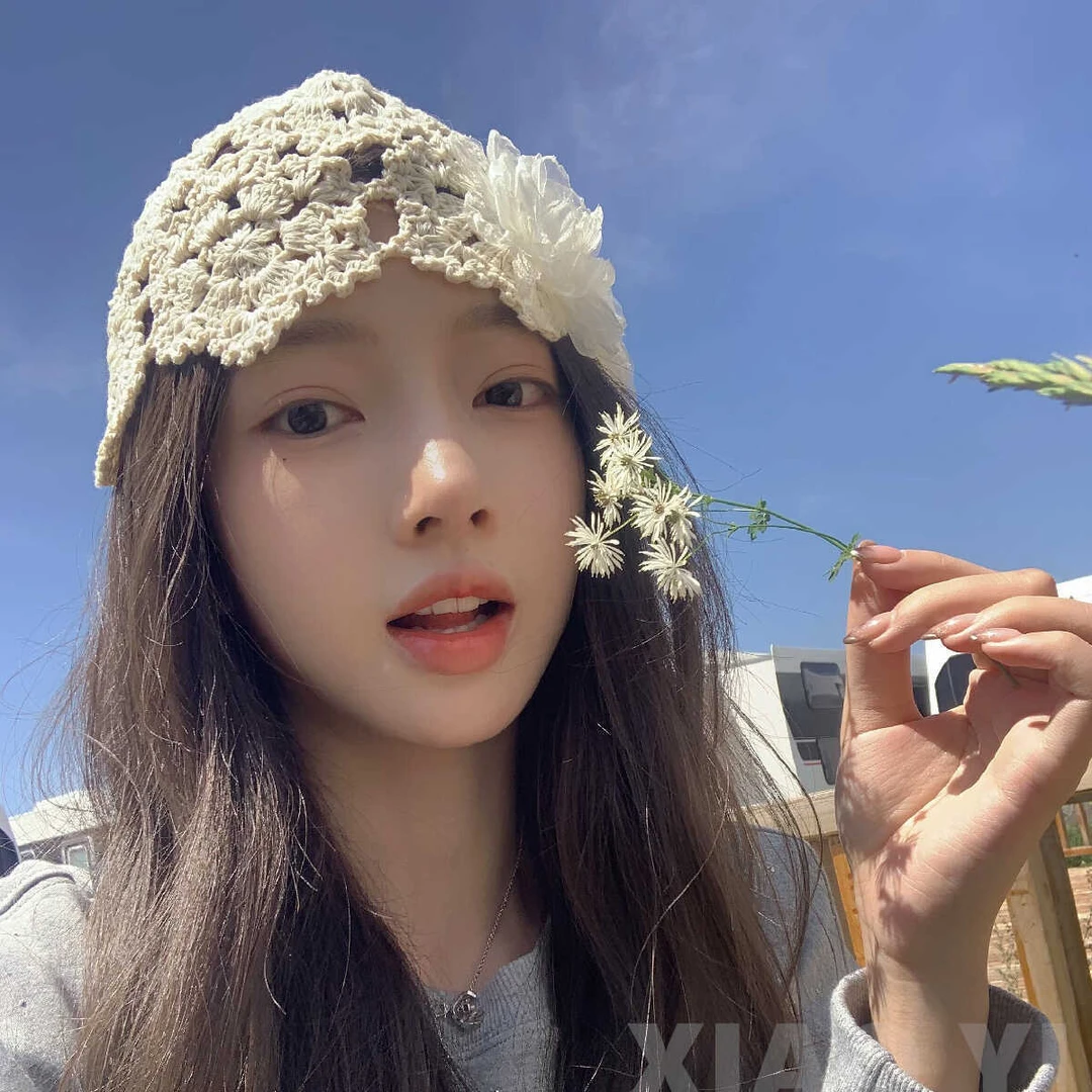 钩织镂空薄款花朵帽子2024新款夏季温柔复古包头帽甜美百搭毛线帽