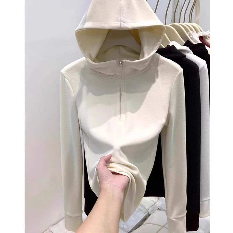 欧货新款半拉链双面德绒连帽卫衣女装春秋新款加绒打底衫上衣帽衫