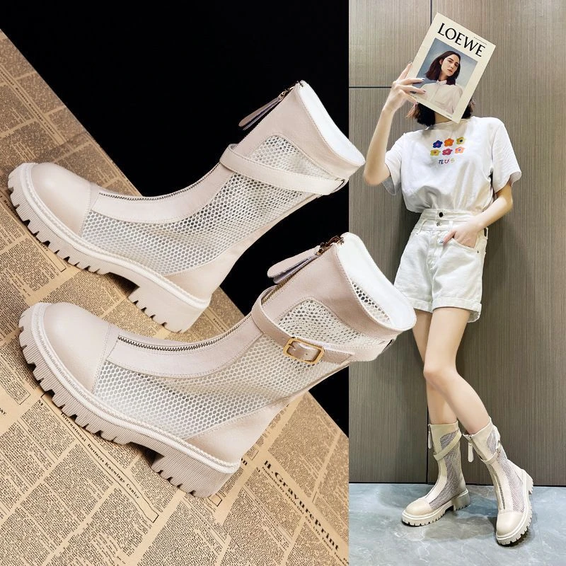 1037马丁靴女夏季薄款增高厚底透气镂空短靴中筒