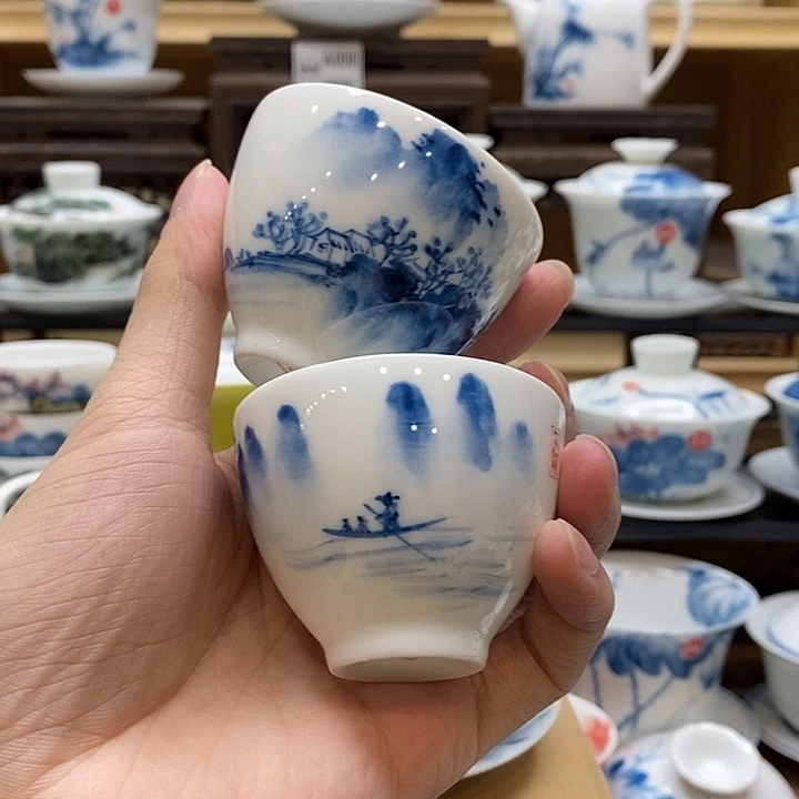 手绘烟雨江南杯子60cc两个装不同图案釉下彩微瑕福利款