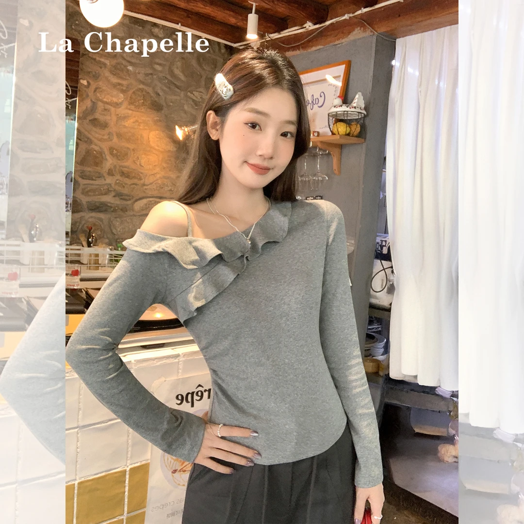 拉夏贝尔韩系荷叶边拼接露肩长袖T恤女2025秋设计感小众修身上衣