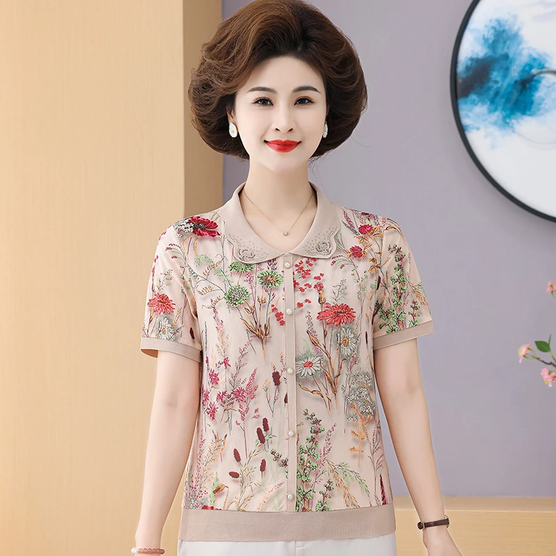 妈妈夏季短袖t恤碎花中年妇女花色小衫短款中老年带领冰丝花上衣