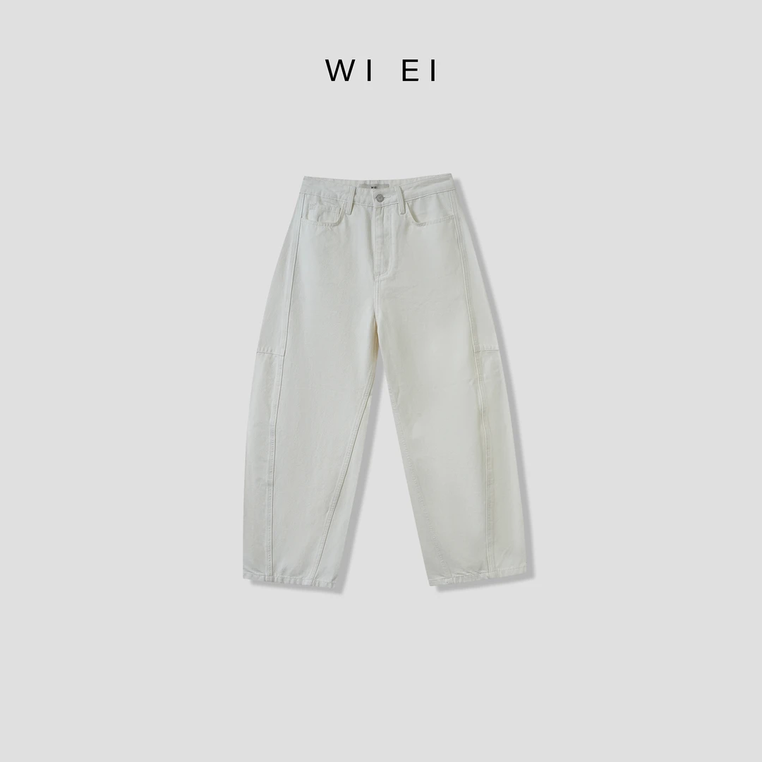 《WI EI》白弯刀设计感 褶皱 宽松显瘦 白色牛仔裤 5C0225