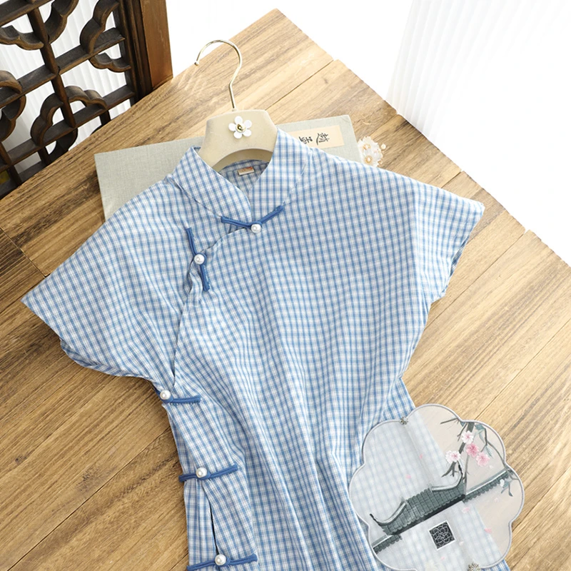 俏娘鱼2025春夏新款素雅改良蓝色新中式古法全开襟旗袍女日常可穿