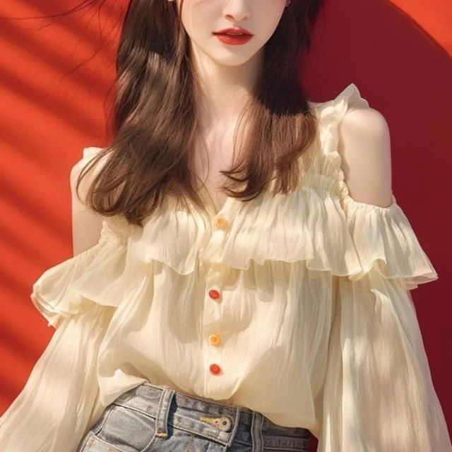 今年流行漂亮雪纺衫女秋季荷叶边高级感挖肩法式衬衫娃娃衫上衣