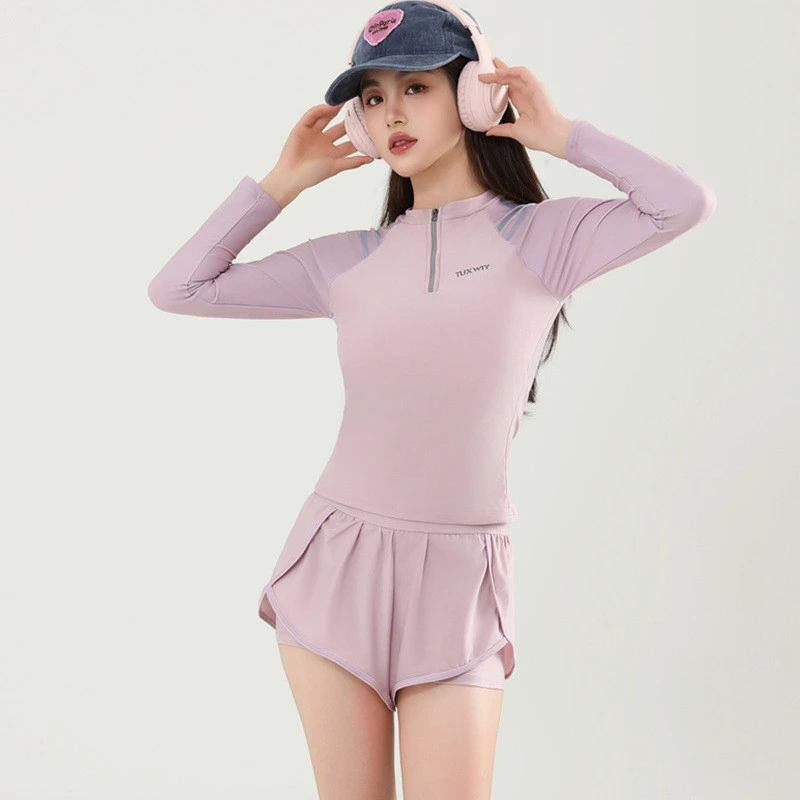 运动休闲套装分体长袖两件套保守显瘦少女学生游泳衣女2025新款